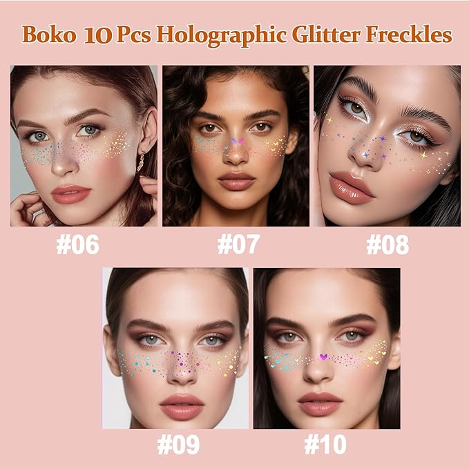 Boko 10Pcs Holographic Glitter Freckles Face Tattoo, Star Face Glitter Speckles Makeup Patches for Pride Accessories, Waterproof Sparkle Temporary Tattoos for Festival Concert Party Rave Accessories