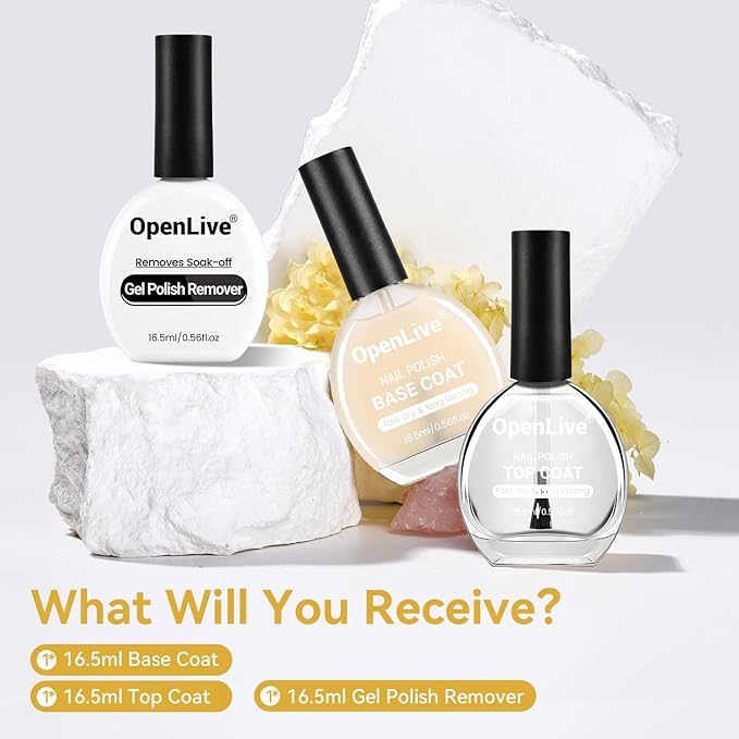 OpenLive 3PCS 16.5ml Quick Dry Base and Top Coat Nail Polish and Gel Remover Set, Base and Top Coat No U V Lamp Curing, Gel Polish Remover for Quick and Easy Removal At Home