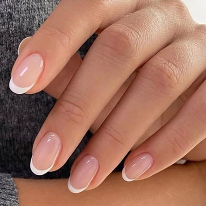 modelones French Tip Press On Nails, Short Oval Fake Nails Press Ons with Nail Glue, Adhesive Tabs, Nail File, Prep Pad, Manicure Stick, 32Pcs 16 Sizes, Nude, Valentines