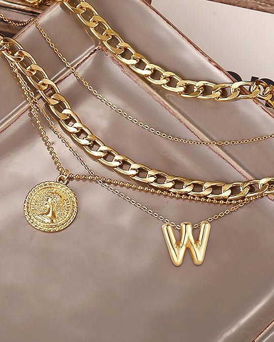 MJartoria Layered Necklaces for Women Trendy Balloon Initial Coin Pendant Necklace Dainty Chunky Chain Choker Necklaces Jewelry Birthday Gifts