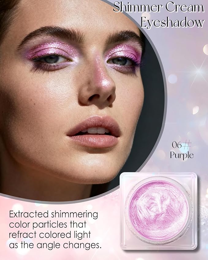 Glitter Cream Eyeshadow Palette, Purple Shimmer Long-Lasting Eye Shadow Pot, Single Holographic Iridescent Eyeshadow Palette Eye Brightener, Smooth Texture Blendable Highlighter Makeup for Women-06