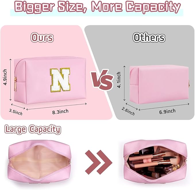 TOPEAST Dorm Room Essentials for Girls - Pink Initial Makeup Bag, College Essentials PU Leather Bag | Travel Car Essentials | Cute Stuff Birthday Gift for Friends Sister (Pink T)