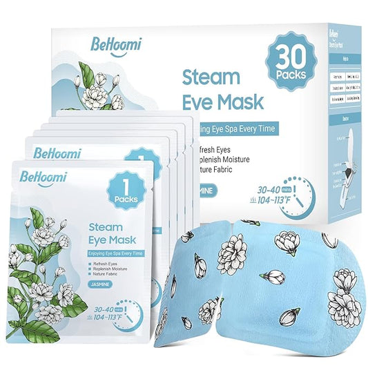 BeHoomi 30Packs Steam Eye Mask, Heated Eye Mask Warm Compress for Eyes, Self Heating Disposable Steam Mask for Home Sleep, Spa, Travel Essentials & Relaxation Gifts, Stocking Stuffers (Jasmine)