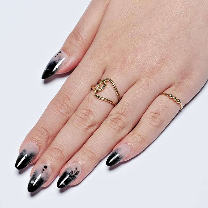 GLAMERMAID Press on Nails Medium Almond, Gothic Black Ombre French Tip Gel Glue on Nail, Glossy Short Stiletto Reusable UV Finish Fake Nails Acrylic False Nails Manicure Kits for Women