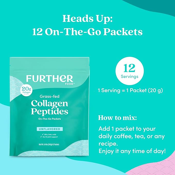Further Food Unflavored Collagen Peptides Powder Stick Packs - 100% Grass-Fed, Hydrolyzed Type 1 & 3, 20g of Collagen per Serving, Supports Skin, Hair, Nails & Joints, 8.47 Oz