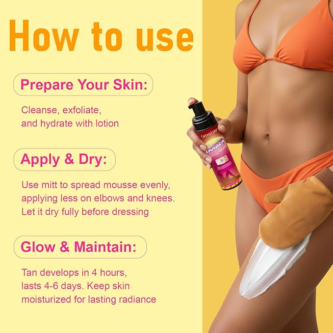 Self Tanner Mousse Mitt Kit – Sunless Tanning Foam with Hyaluronic Acid for Hydrating - Flawless & Streak-Free Fake Tan Mousse, Watermelon Scent Medium Glow 6.76 fl. oz