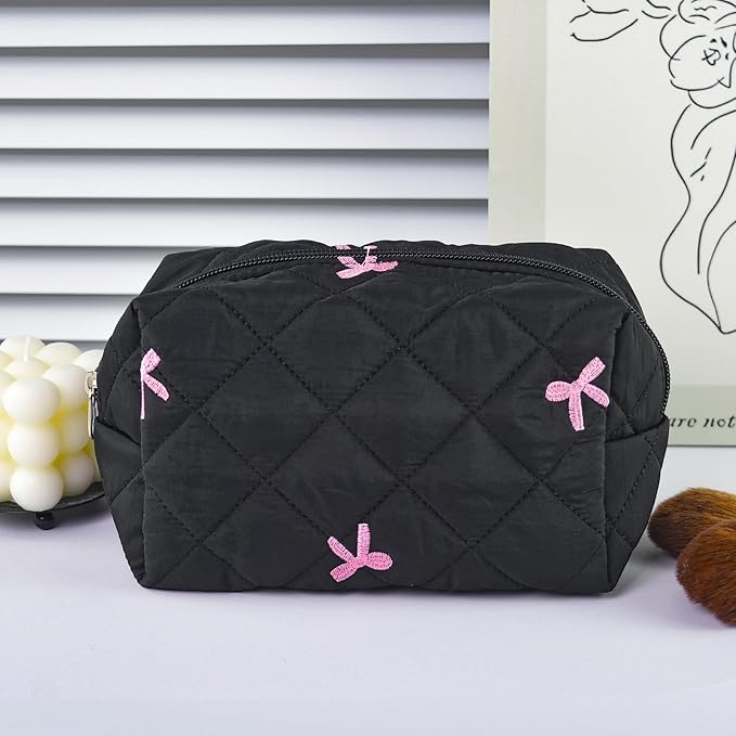 Quilted Makeup Bag Floral Cotton Make up Bag Puffy Coquette Makeup pouch Aesthetic Cute Travel Toiletry Bag for Women Girls