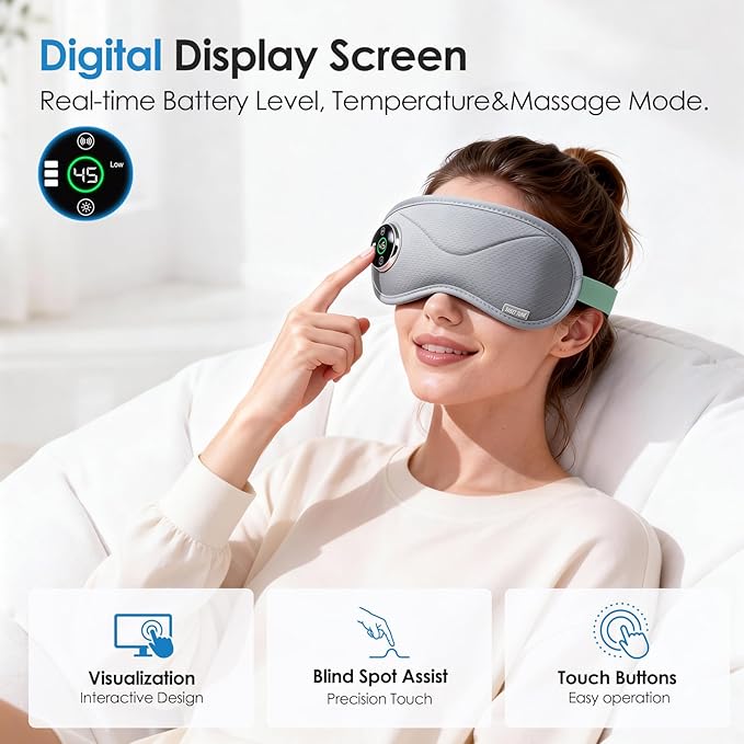 Heated Eye Mask with Massager, 3D Contoured Light-Blocking Sleep Mask for Dry Eyes, LED Display & 3-Level Heat/Vibration Modes,Gift for Men & Women, Ideal for Home, Office & Travel Use (Grey)