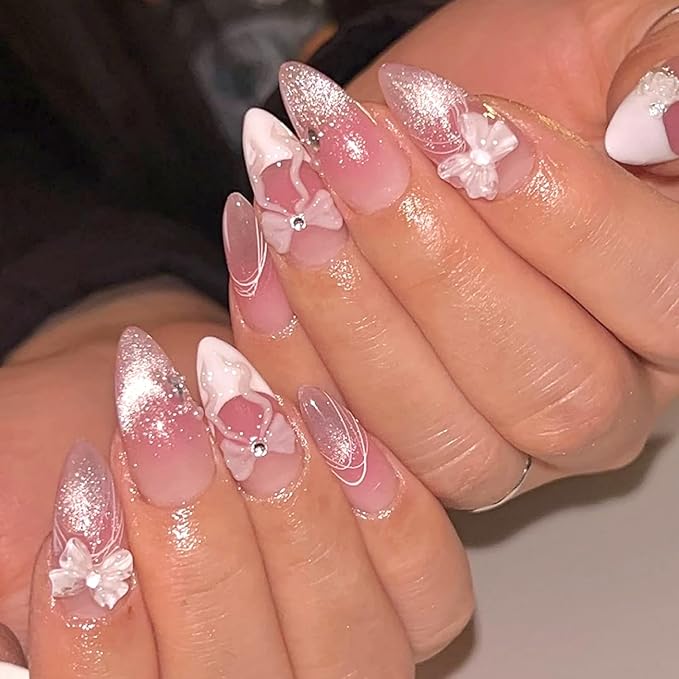 24pcs Pink Glitter French Tip Press on Nails Medium Almond Fake Nails Glossy Gradient False Nails with Rhinestones Design Bow Stick on Nail Glue on Nails Acrylic Artificial Nail for Women