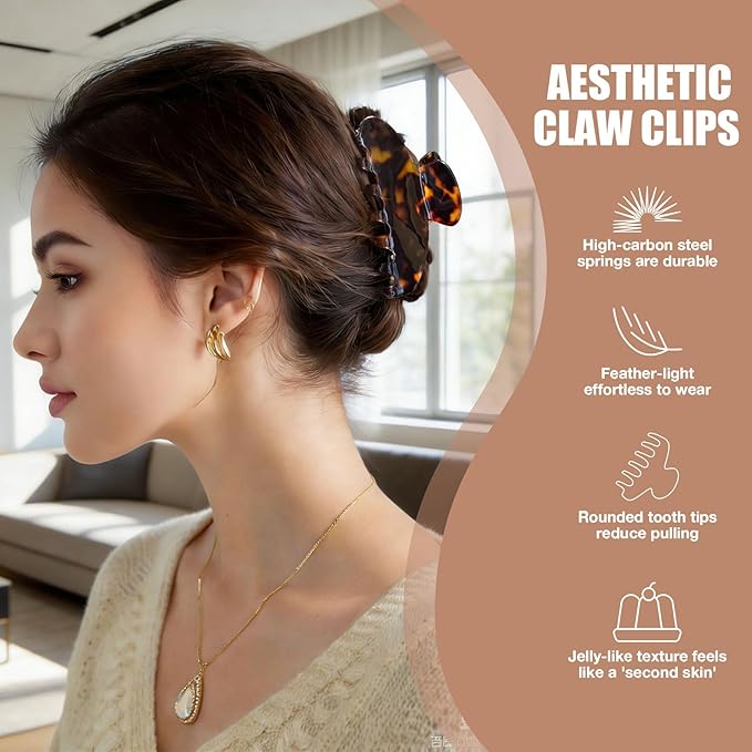 Big Hair Claw Clips for Thick Hair, Tortoise Shell Nonslip Large Black Hair Clips, Celluloid Butterfly Jaw Clips, Strong Hold for Women