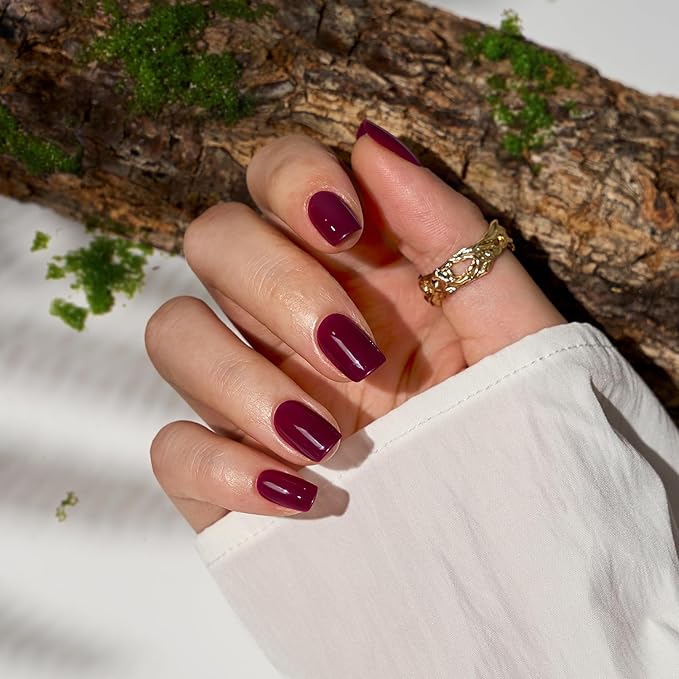 BTArtbox Press On Nails Short - Plum Red Squoval Press On Nails with Glue for Women, Opaque Soft Gel Glue On Nails in 15 Sizes - 30 Stick On Nails Kit, Blackberry