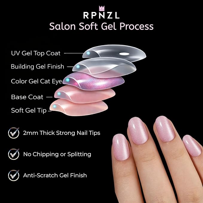 RPNZL Press On Nails - Blush | Short Oval Light Pink Cat Eye, UV Finish Almond Nails, Salon Quality | 32 Nails, 16 Sizes Kit with Glue and Adhesive Tabs I Female Founded