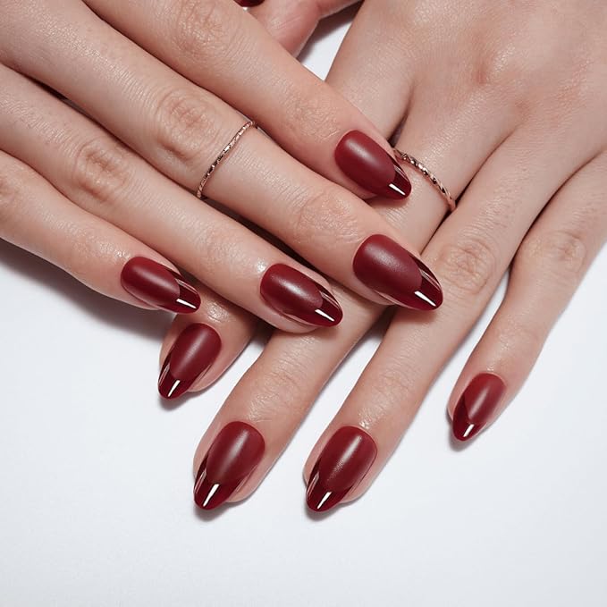 LAMIMOSA 32Pcs Burgundy Red French Tip False Nails - Short Almond Press on Nails kit with Glue, Soft Gel Fake Nails in 16 Sizes, Reusable Stick on Nails kit, RED HEELS