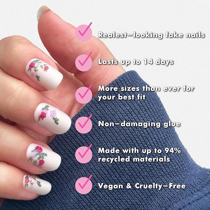 Olive & June Instant Mani Press-On Nails | (Glue) Short, Squoval 42 Fake Nails, 21 Sizes | Non-Toxic, Long-Lasting Recycled Materials Realistic Look | Salon-Quality at Home | Rose Bouquets