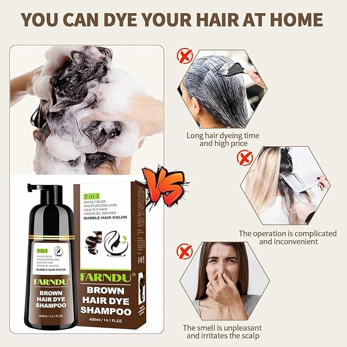 Farndu Brown Hair Dye Shampoo, 3 in 1 Instant Hair Color with 15 Min Gray Coverage, Natural Semi-Permanent Herbal Shampoo for Men & Women