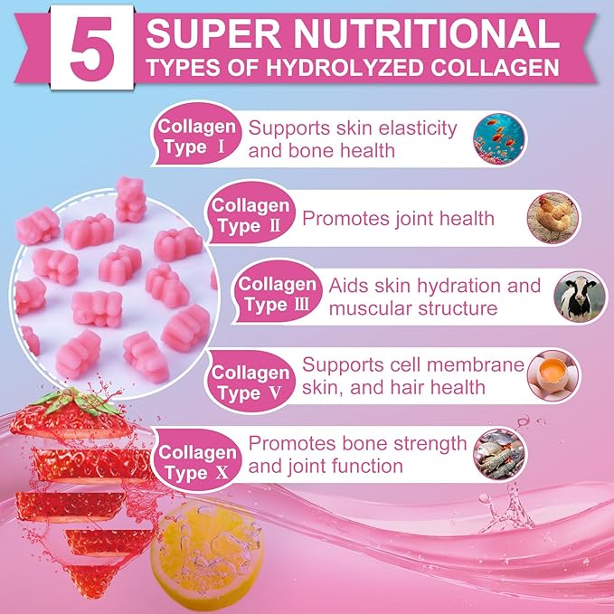 Multi Collagen Peptides Gummies, Type I, II, III, V, X - Hydrolyzed Collagen Peptides with Biotin, Hyaluronic Acid, Supports Healthy Skin, Strong Nails & Thick Hair, 60 Count, 2 Pack