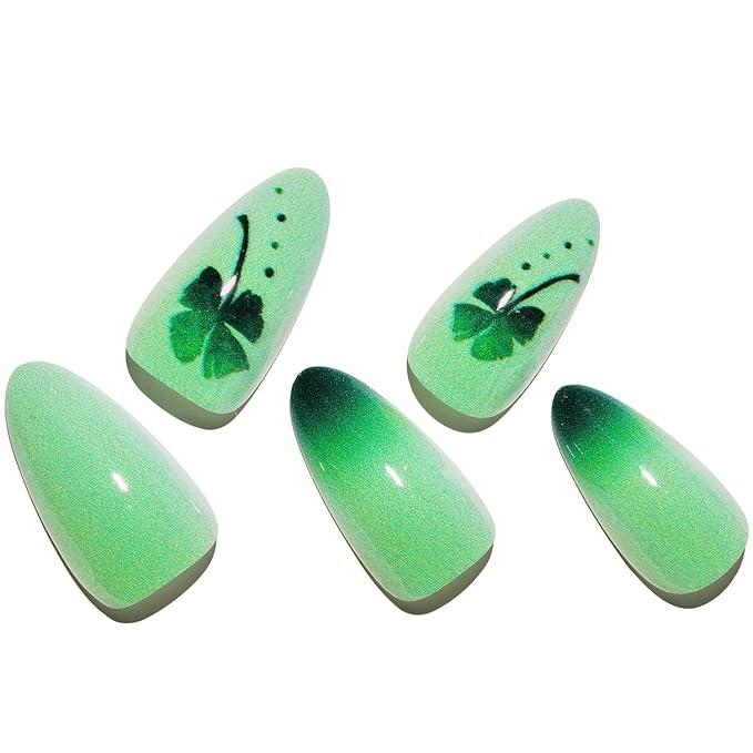 GLAMERMAID Press on Nails Medium Almond, Spring Summer Green Four-Leaf Clover Gel Glue on Nail, 24Pcs Glossy Short Stiletto Reusable UV Finish Fake Nails Acrylic False Nails Manicure Kits for Women