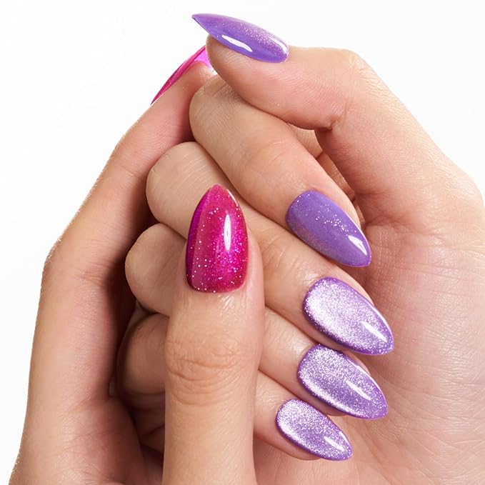 GLAMERMAID Hot Pink Purple Magnet Cat Eyes Press On Nails Short Almond, Aurora Magnetic Handmade Soft Jelly Gel Fake Nails, Round Oval Stick Glue on Nail Kit for Women, Reusable Acrylic False Nail Set