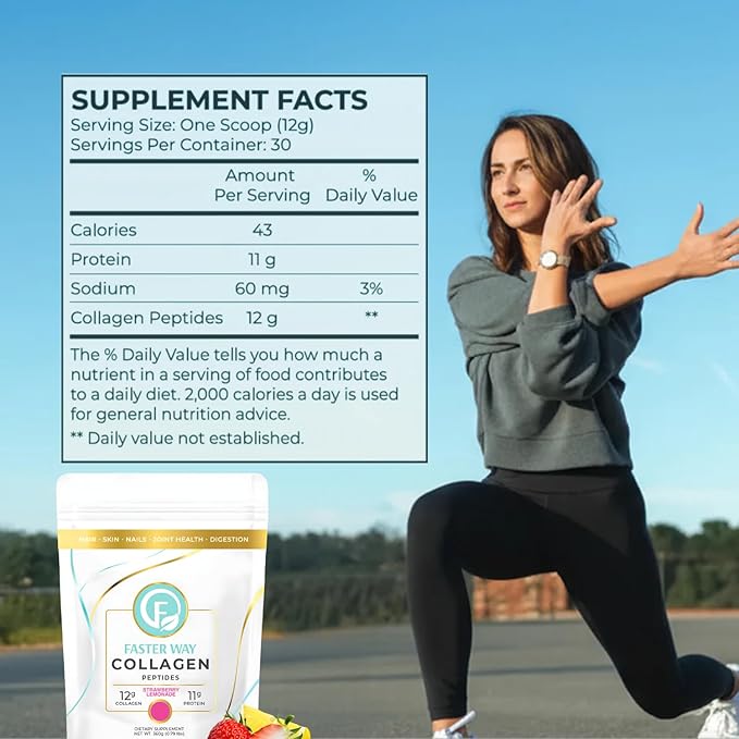 Faster Way - Collagen Peptides - 12g Hydrolyzed Collagen + 11g Protein Per Serving - Hair, Skin & Nails - Amino Acids- Sugar, Gluten & Dairy Free - Non-GMO - Strawberry Lemonade - 30 Servings