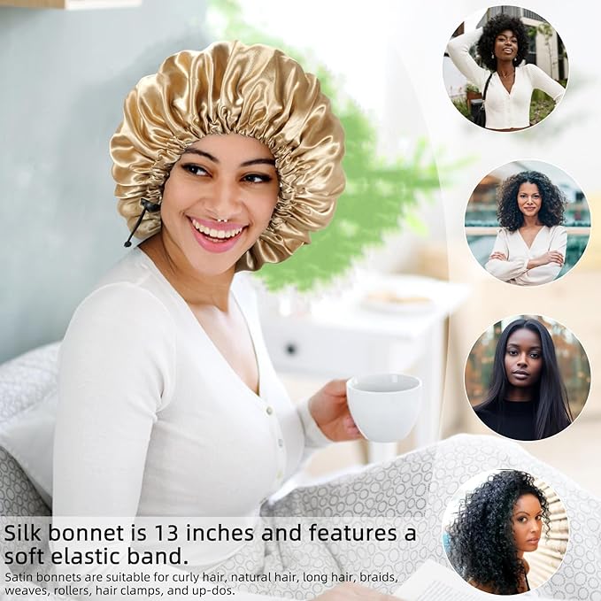 Edoneery Satin Silk Bonnet For Curly Hair Bonnet Braid Bonnet For Sleeping Bonnets For Women Large Double-layer Adjustable, Khaki