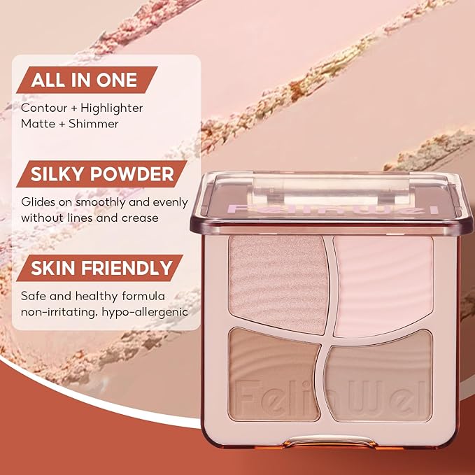 FelinWel Highlight Contour Makeup Palette Effortless Blending Matte Shimmer Highlighter Palette and Bronzer Powder for Cool Toned Skin