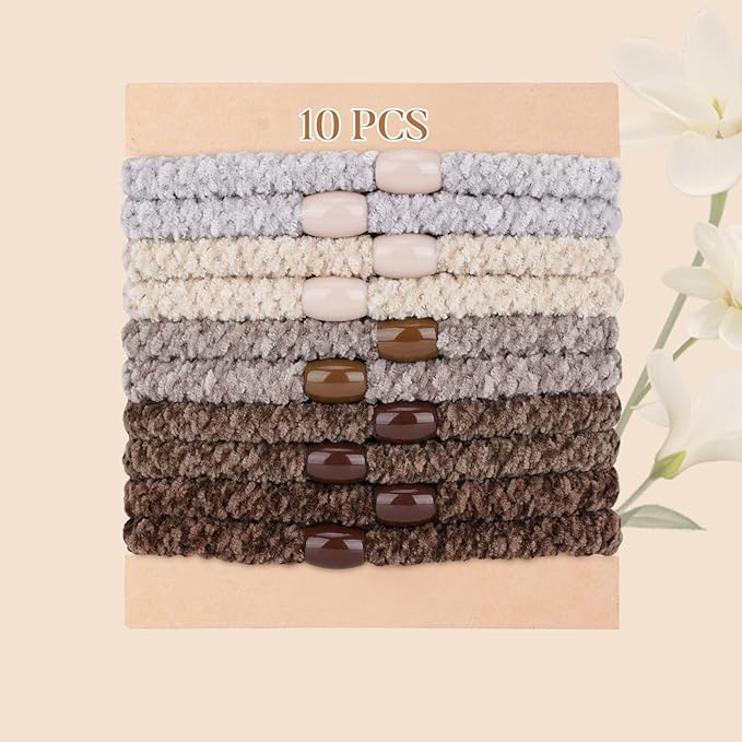 Braided Hair Ties No Damage, 10 Pcs Soft Plush Hair Bands for Women's Hair, Bracelet Hair Elastics & Ponytail Holders for Thick Hair - Brown