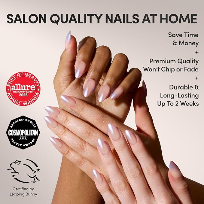 Glamnetic Press On Nails - Polar Night | Short Almond Fake Nails with Ombré Silver Tips and Glossy Velvet Finish, Salon Quality | 15 Sizes - 30 Nail Kit with Glue