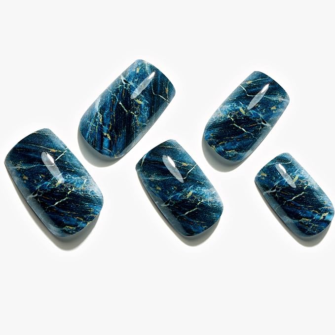 GLAMERMAID Ombre Press on Nails Medium Square, Fall Peacock Blue Marble Jelly Soft Gel Nails Square Fake Nail, Glossy Stick Glue 0n Nail Kit for Women, Reusable Stick on Acrylic Fake Nail Manicure Set