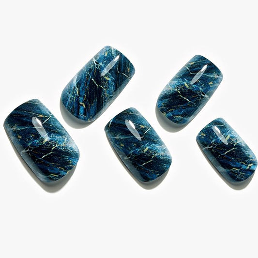 GLAMERMAID Ombre Press on Nails Medium Square, Fall Peacock Blue Marble Jelly Soft Gel Nails Square Fake Nail, Glossy Stick Glue 0n Nail Kit for Women, Reusable Stick on Acrylic Fake Nail Manicure Set