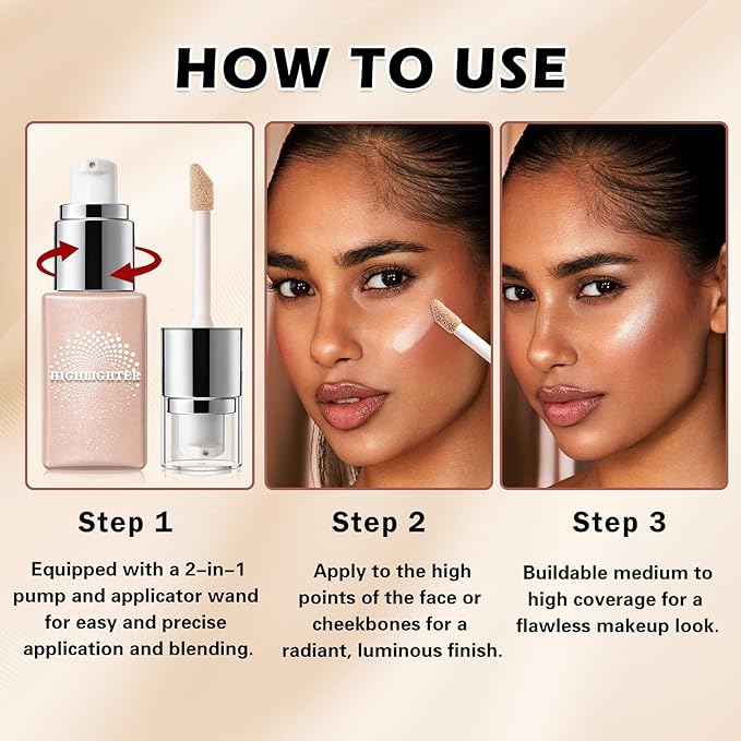Liquid Highlighter Makeup, Cream Glassy Highlighter for Face Natural Glow Finish Illuminator Buildable Long Lasting Illuminating Glow Makeup - 02 Medium Glow
