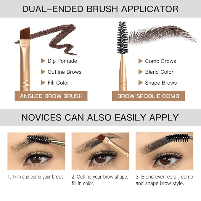 Eyebrow Pomade Kit with Dual-ended Eyebrow Brush, Water and Stain Resistant High Pigment Pomade, Corrects Brow Imperfections for Natural Long-lasting Brow Makeup (01# Ebony)