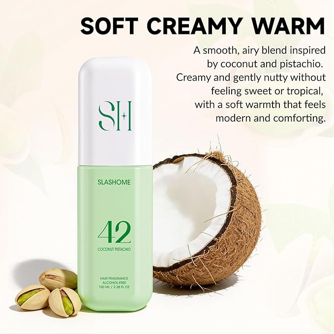 slashome Hair Perfume for Women, Alcohol-Free Coconut Pistachio Hair & Body Mist, Lightweight Long-Lasting Fragrance for Hair, Wigs, Body & Fabric, Birthday & Valentine’s Day Gift, 100ml / 3.38 fl oz