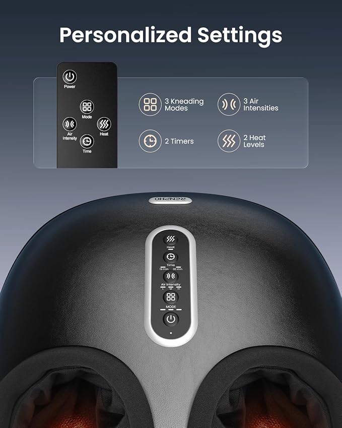 RENPHO Foot Massager with Heat, [2026 Upgraded] Birthday for Women Men Elderly, FSA Eligible Shiatsu Foot Massager for Plantar Fasciitis, Deep-Kneading, Air Squeezing Feet Massager, Size 12 BK