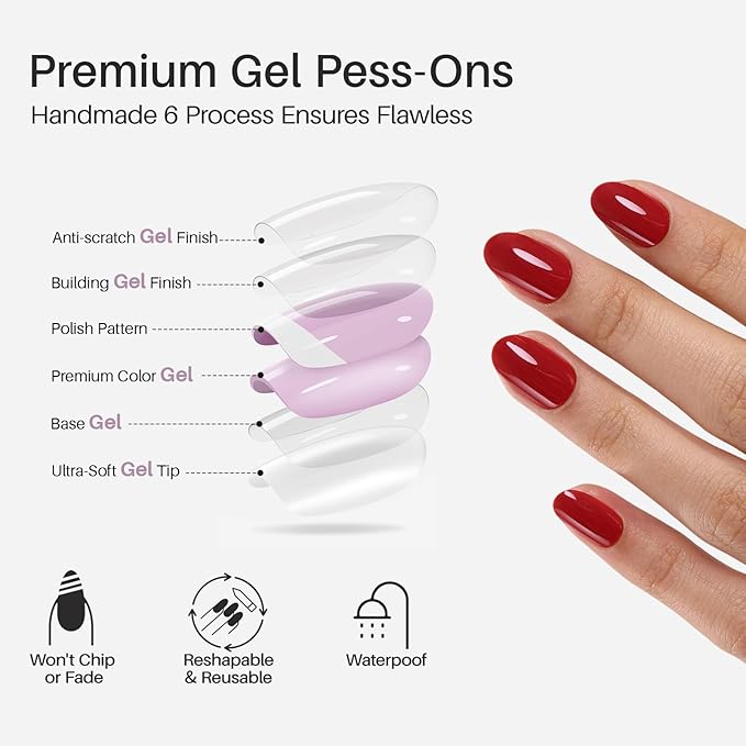 SHANGMENG Red Press on Nails Oval for Women Gift - Soft Gel Valentines Press on Nails Short with Glue, Fit Perfectly & Natural Glue on Nails in 16 Sizes - 32 Reusable Fake Nails, Cherry Red