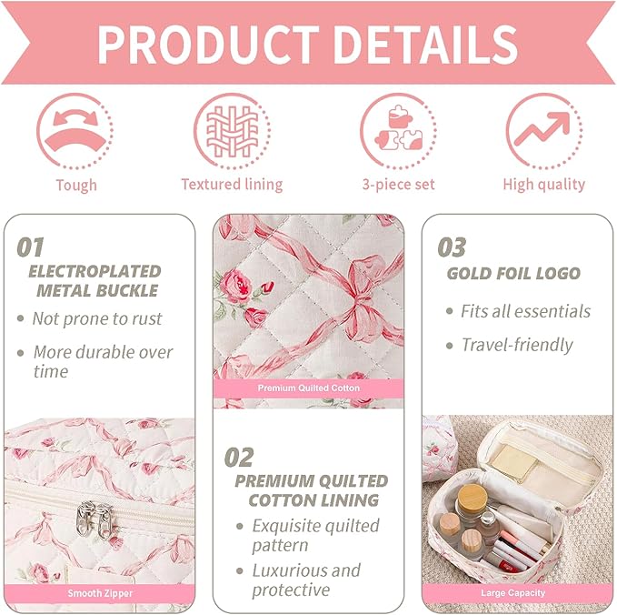 LAKSMI 3PCS Cotton Quilted Floral Makeup Bag Set for Women, Cute Make Up Bags with Brush Pockets, Large Wide-Open Toiletry Pouch Gifts for Toiletries Accessories Travelling Essentials