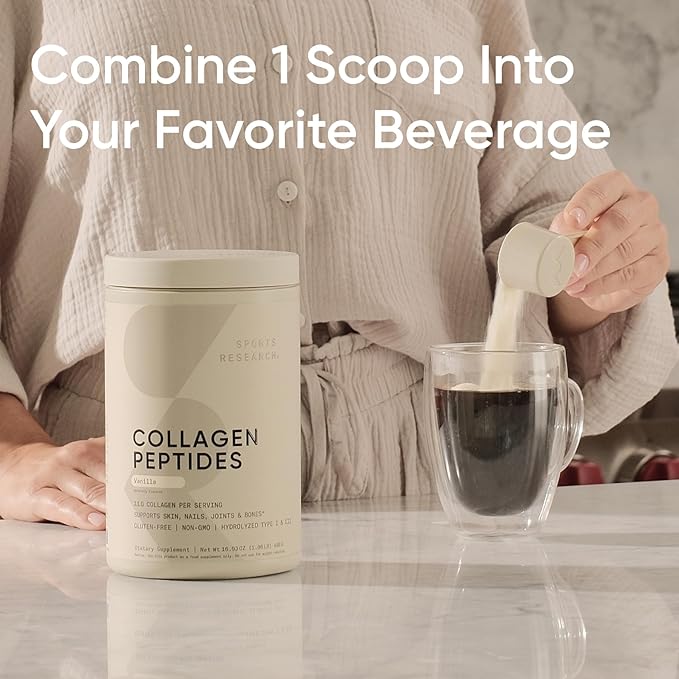 Sports Research Collagen Peptides - Hydrolyzed Type 1 & 3 Collagen Powder Protein Supplement for Healthy Skin, Nails, & Joints - Easy Mixing Vital Nutrients & Proteins, Collagen for Women & Men