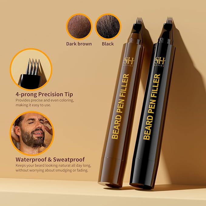 Sevich Beard Pencil Filler for Men Black, Instant Beard Dye for Men,48h Waterproof & Sweatproof, 4-Prong Tip for Seamless Application, Enhances All Beard Types with Fuller