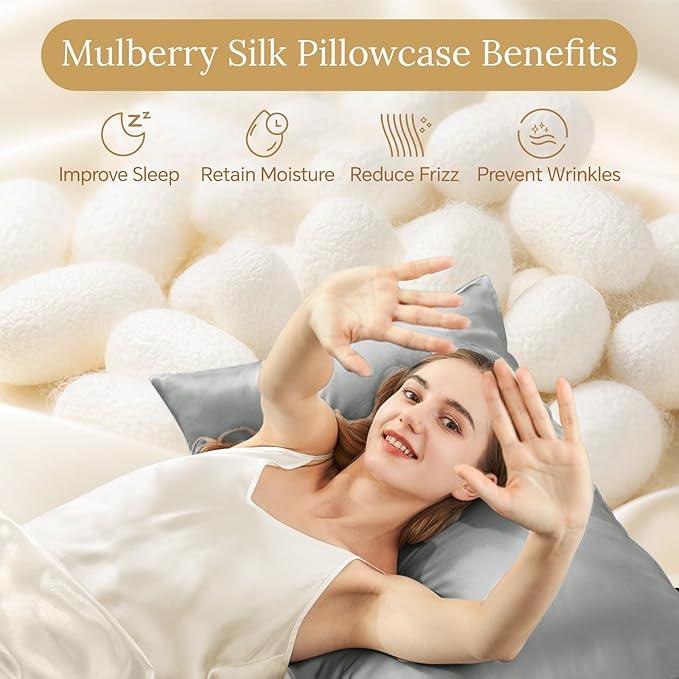 INFIIXSO Mulberry Silk Pillowcase for Hair and Skin, Silk Pillow Cases Standard Size with Hidden Zipper 20x26 Inches, Ultra Smooth and Soft Cooling Pillow Cases for Hot Sleepers(Grey, 1 Pack)