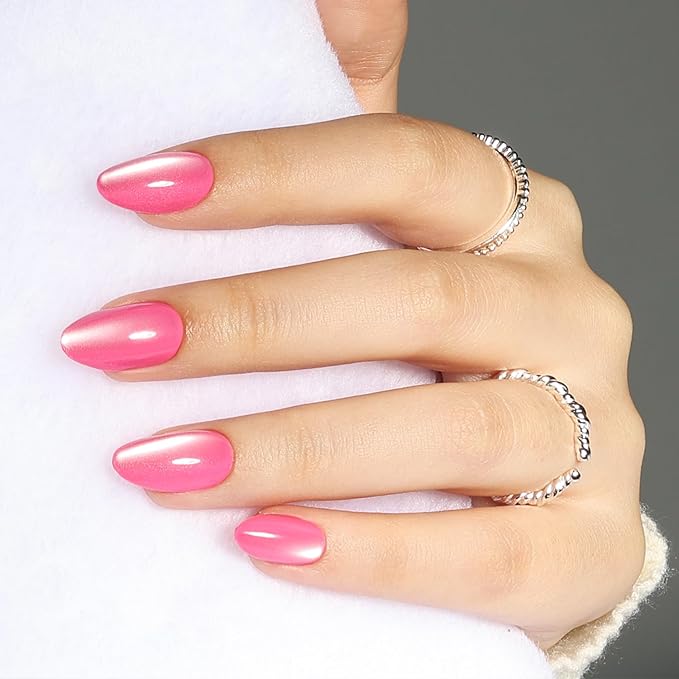 Leefrei Cat Eye Press On Nails - Glazed Candy Pink Press On Nails Short Almond Nails Press Ons for Women Fake Nails with Glue, Glossy Reusable Glue on Nail in 16 Sizes - 32pcs, Pink Stardust