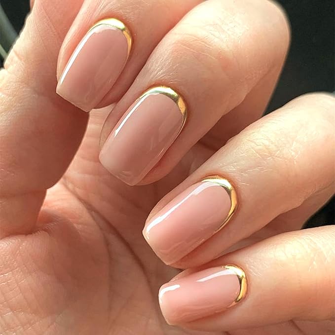 Modelones French Tip Press on Nails Short, Square Fake Nails, Reusable Nail Kit with Nail Glue Adhesive Tabs Mini Nail File, Nails Press Ons 32Pcs 16Sizes, Women Girl Gift, Golden Nude, Valentines