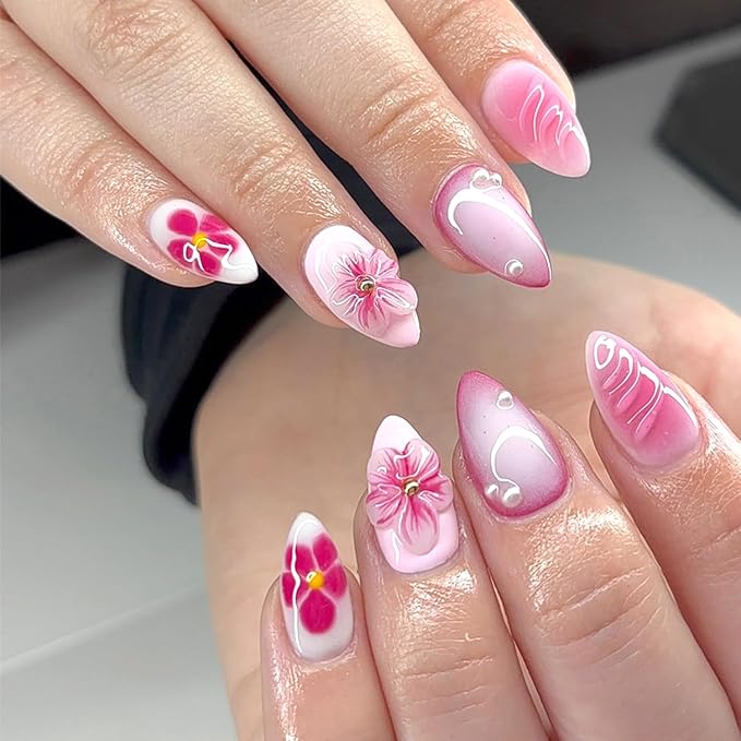 24Pcs Pink Press on Nails Floral False Nails Medium Almond Nails for Summer,Handmade Manicure Flower Nails Press On Nails Design with Adhesive Nail File Set Acrylic Nail for Women