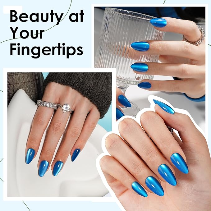 Canvalite Short Almond Press On Nails, 30Pcs Press on Nails Cat Eye Reusable Acrylic Fake Nails with Glue & Glue Remover Easy to Use Manicure Kit for Women, Blue