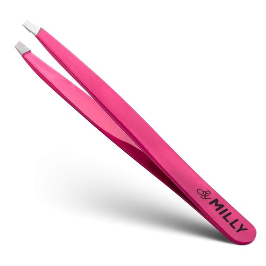 By MILLY Professional Slanted Tweezers for Women and Men | High Carbon Stainless Steel Sharp Tweezer | Tweezers for Women Facial Hair Plucking, Hand-Filed & Aligned Precision Slant Tips - Pink