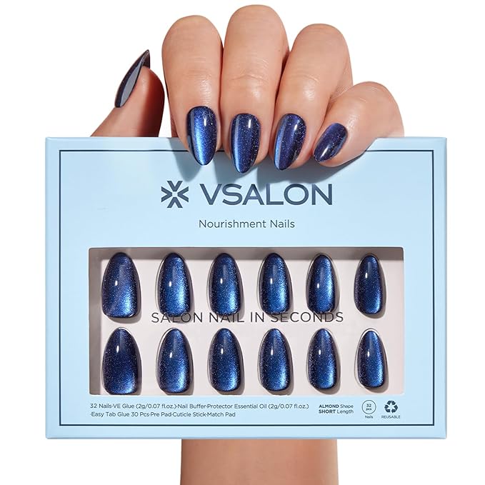 VSALON Press on Nails Short Almond - Blue Cat Eye Chrome Glue On Nails Kit for Women, Reusable Opaque Gel Stick on Nails with Glue & Cuticle Oil - 32 PCS Fake Nails in 16 Sizes (Midnight Tide)