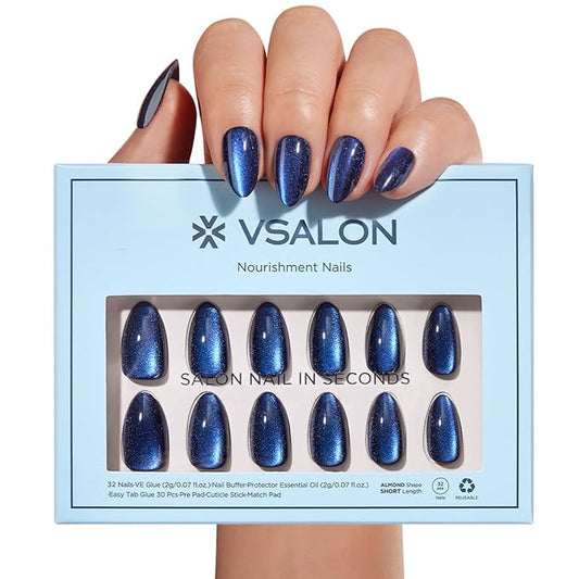 VSALON Press on Nails Short Almond - Blue Cat Eye Chrome Glue On Nails Kit for Women, Reusable Opaque Gel Stick on Nails with Glue & Cuticle Oil - 32 PCS Fake Nails in 16 Sizes (Midnight Tide)