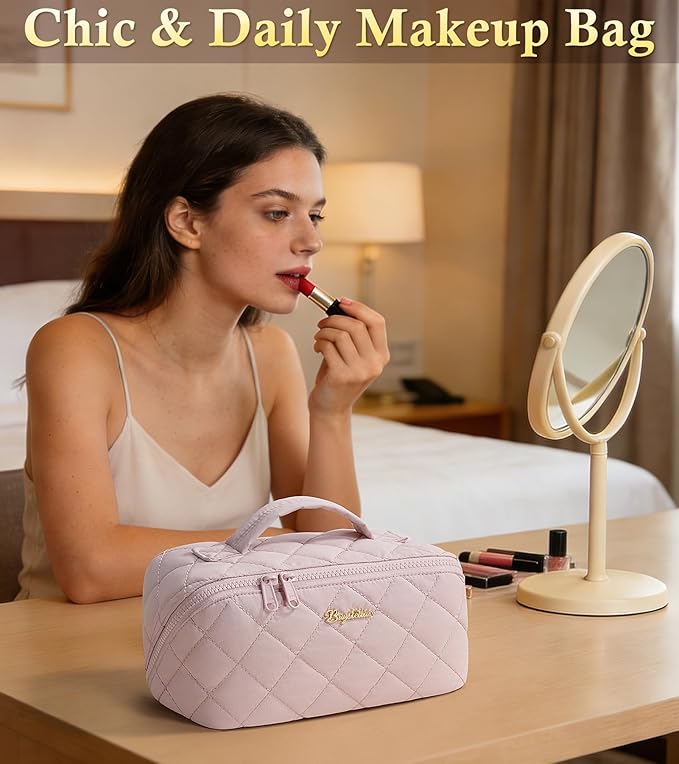 Travel Makeup Bag, 3 Pcs Large Capacity Puffy Toiletry Bag for Women, Open Flat Make up Cosmetic Organizer w/Handle & Clear Divider Water-resistant Portable Pouch Travel Essentials, M-Cream White
