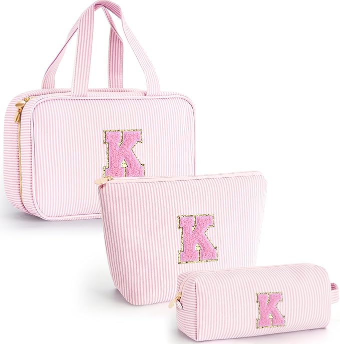 Valentines Day Gifts for Teenage Girls - Teen Girl Initial Toiletry Bag | Cosmetic Travel Makeup Bag | 8 9 10 11 12 13 14 15 16 Years Old Girl Trendy Stuff - Pink K