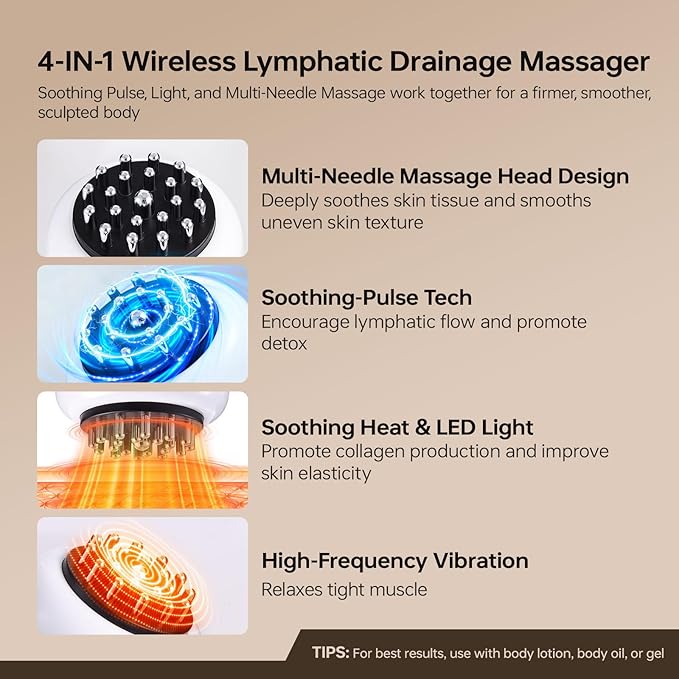FUFADADE Lymphatic Drainage Massager,4-in-1 Electric Body Sculpting Brush,Helps Reduce Stretch Marks&Cellulite for Relaxation,Multi-Speed Anti Cellulite Massage Tool for Belly Legs Arms(White)