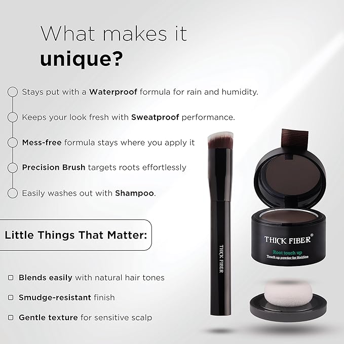 THICK FIBER Root Touch Up Powder with Brush – Covers Grey Roots, Thinning Hair & Bald Spots – Sweat & Water Resistant for Men & Women (Deep Dark Brown, 0.14 Ounce)