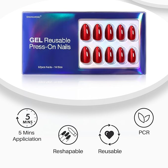 SHANGMENG Dark Red Cat Eye Press on Nails Almond - Soft Gel Valentines Short Press on Nails for Women Gift, Glossy Glue on Nails in 16 Sizes - 32 Reusable Fake Nails Kit with Glue, Wine